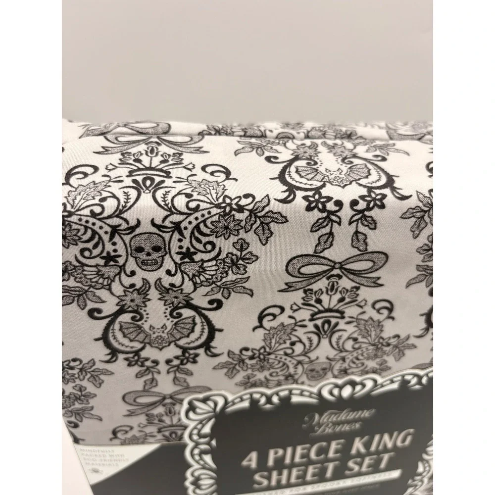 Madame Bones King Sheet Set 4pc Gothic Skull Bat Damask Black Gray Halloween